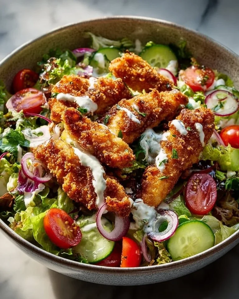 Crispy chicken tender salad with fresh greens and toppings