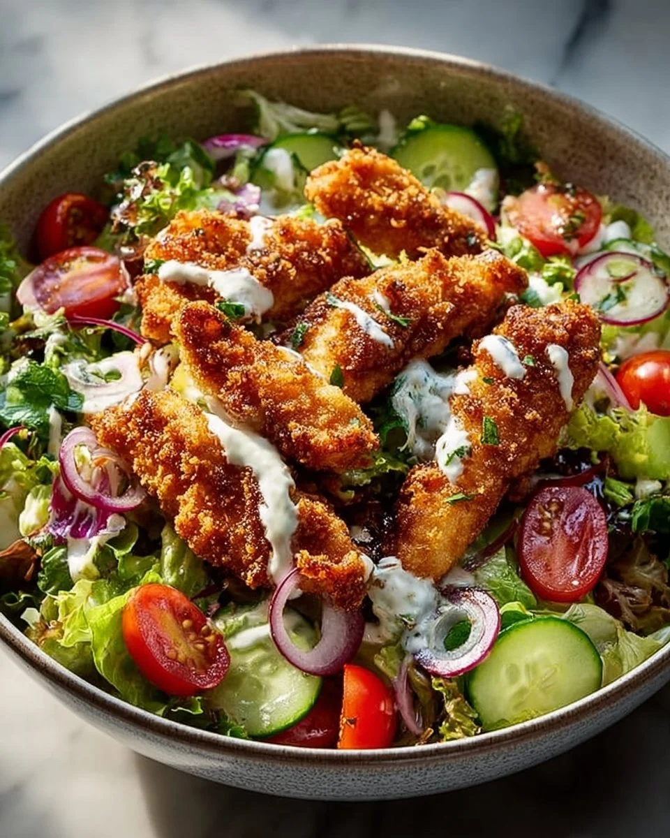 Crispy chicken tender salad with fresh greens and toppings