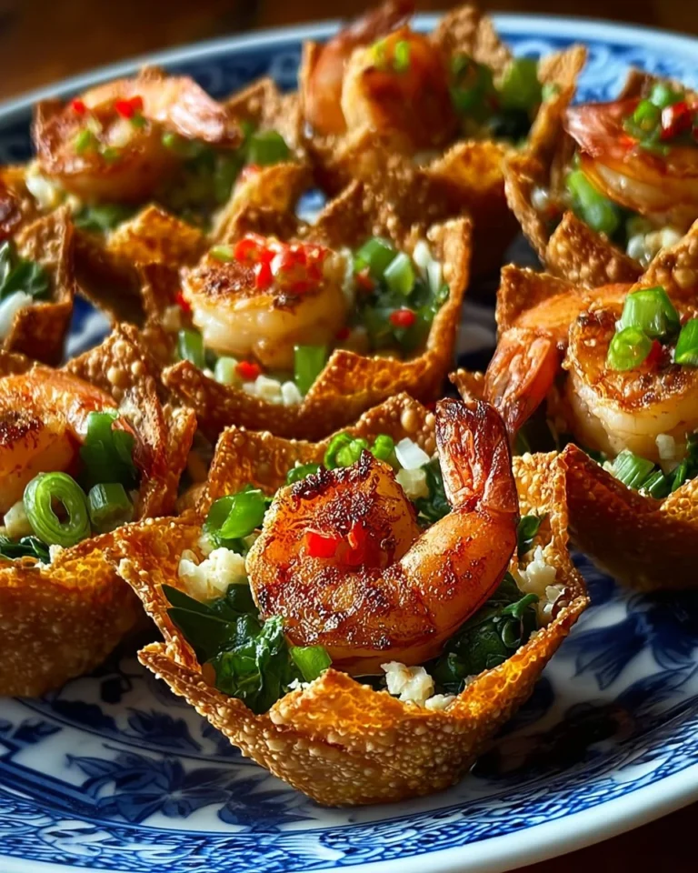 Crispy shrimp salad served in edible wonton cups, garnished with fresh vegetables.