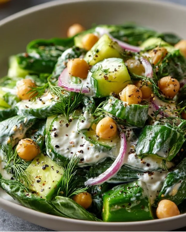 Cucumber Salad with chickpeas, spinach, and Greek yogurt dressing served in a bowl.