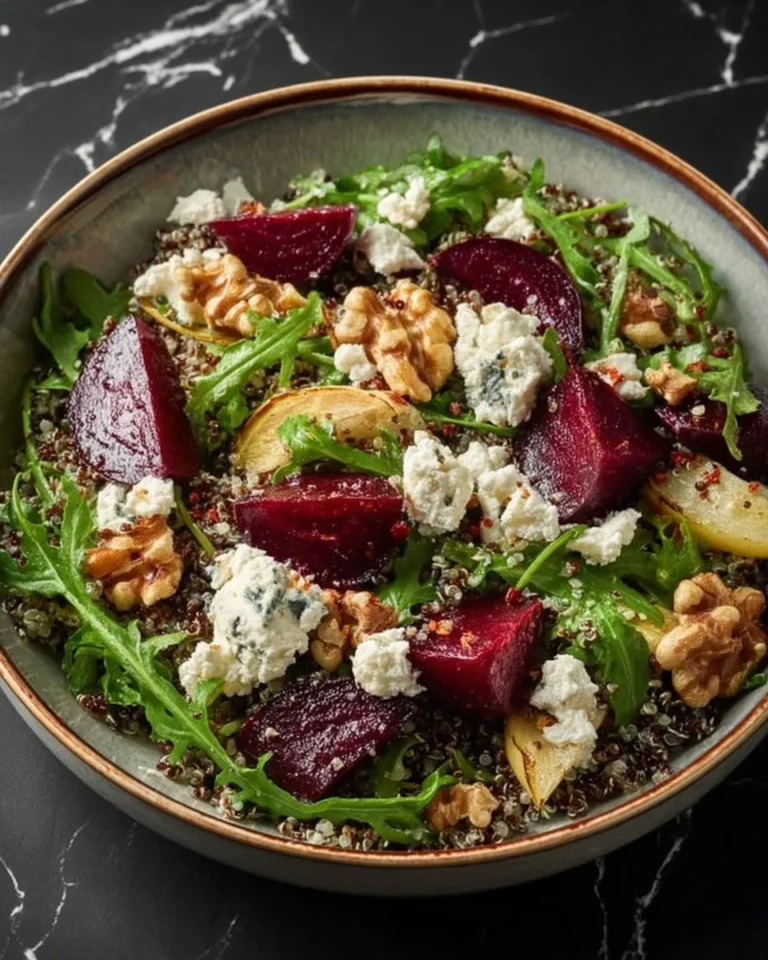 Easy chicken quinoa salad with roasted beetroot and feta cheese served on a plate.