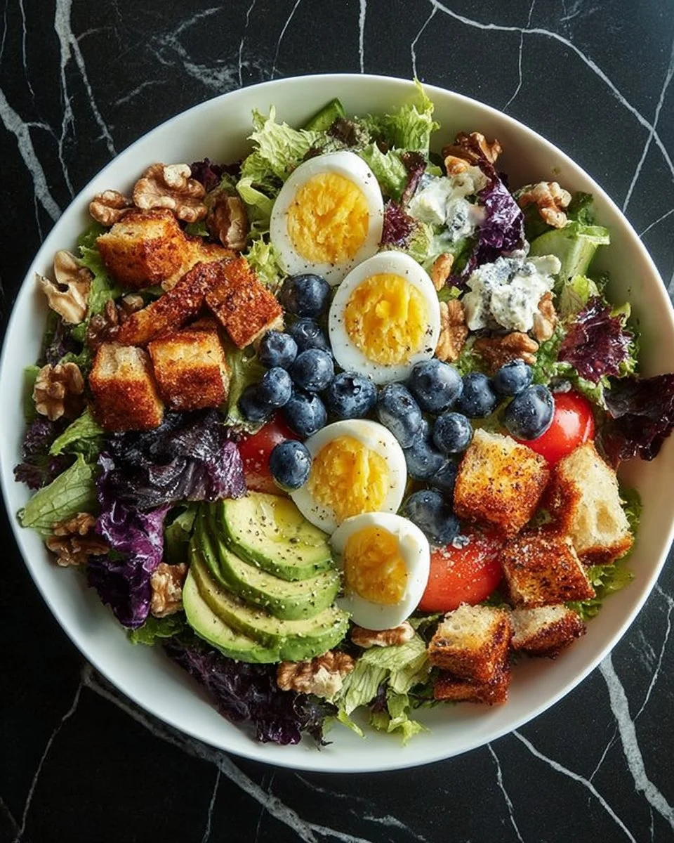 Blueberry avocado salad with creamy lemon dressing in a bowl