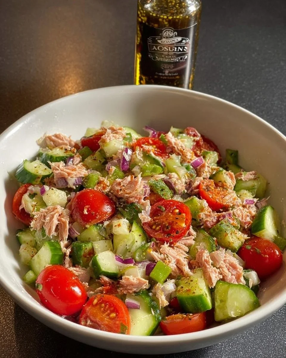 Fresh and healthy tuna salad with vegetables and dressing in a bowl