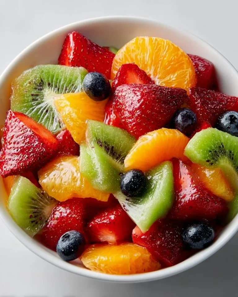 Colorful fresh fruit salad with strawberries, blueberries, and kiwi in a bowl