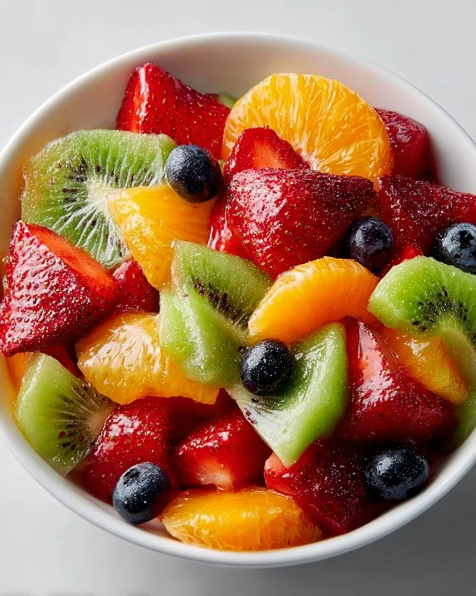 Colorful fresh fruit salad with strawberries, blueberries, and kiwi in a bowl