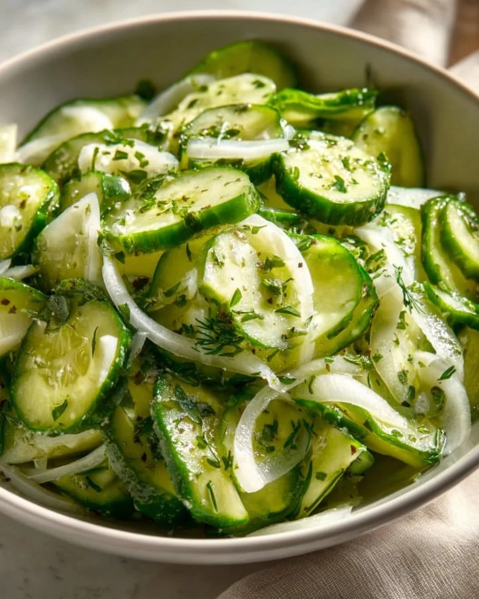 Delicious German cucumber salad with fresh ingredients and herbs