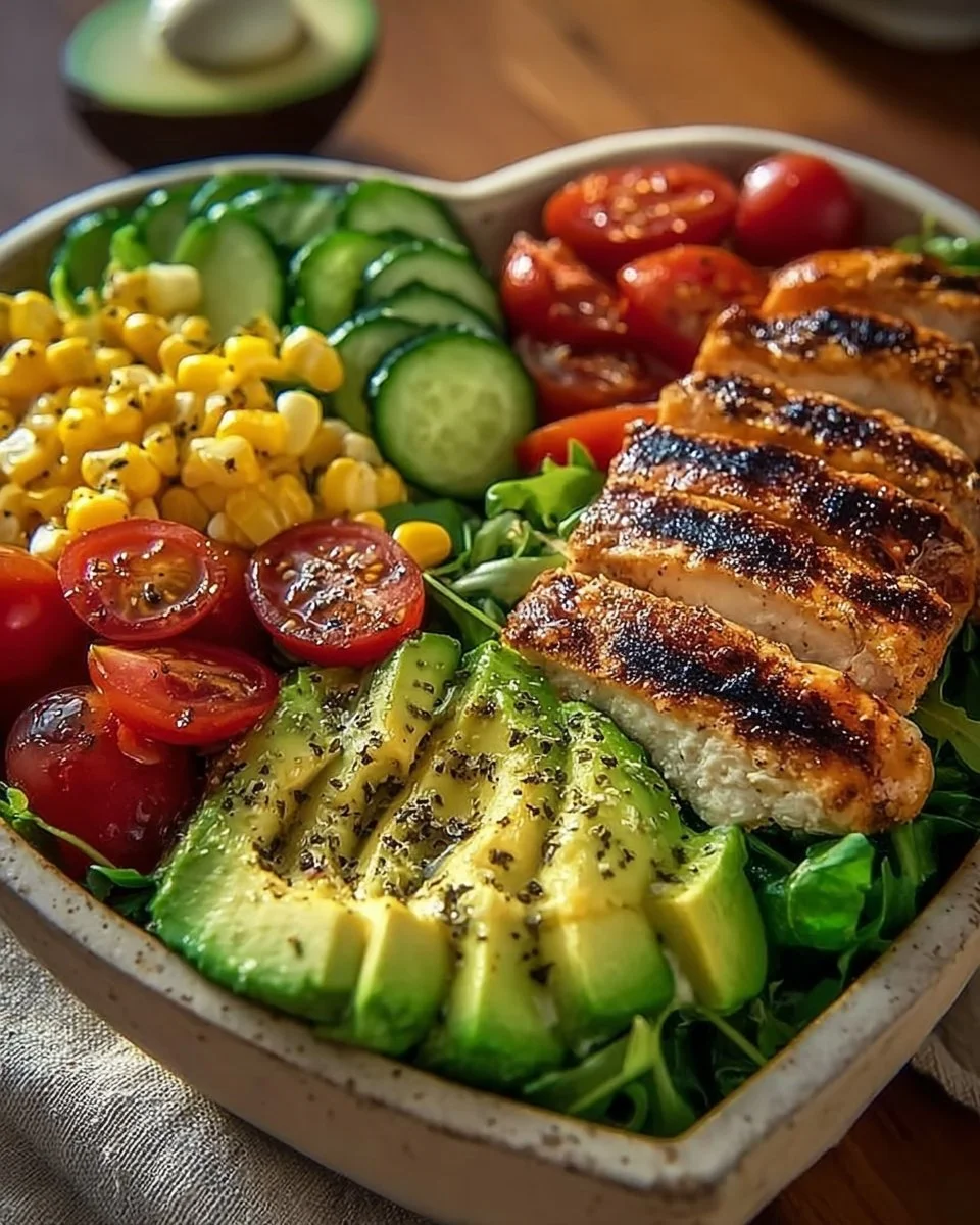 Delicious grilled chicken avocado salad with fresh ingredients