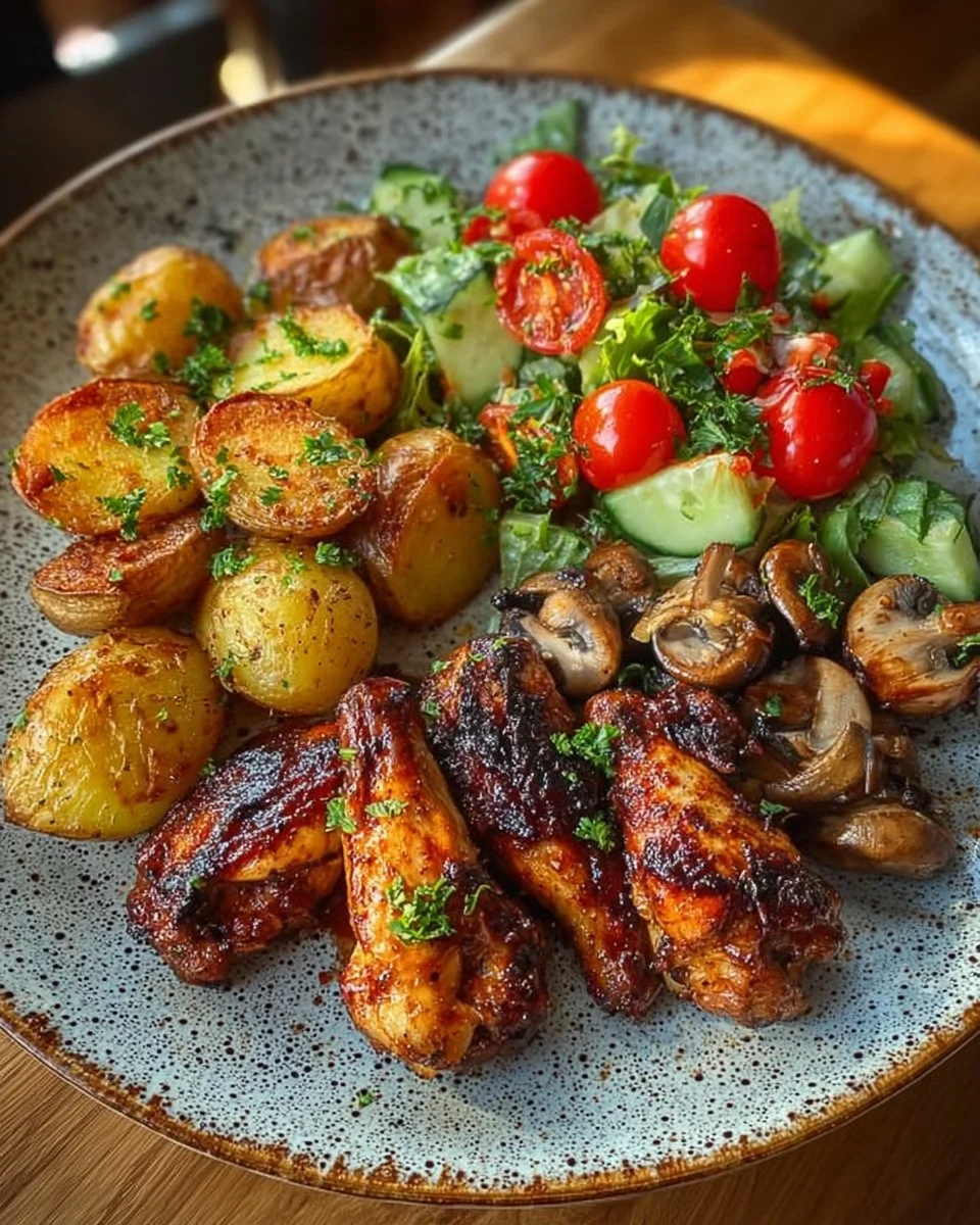 Delicious grilled chicken plate with sides ready to be enjoyed.