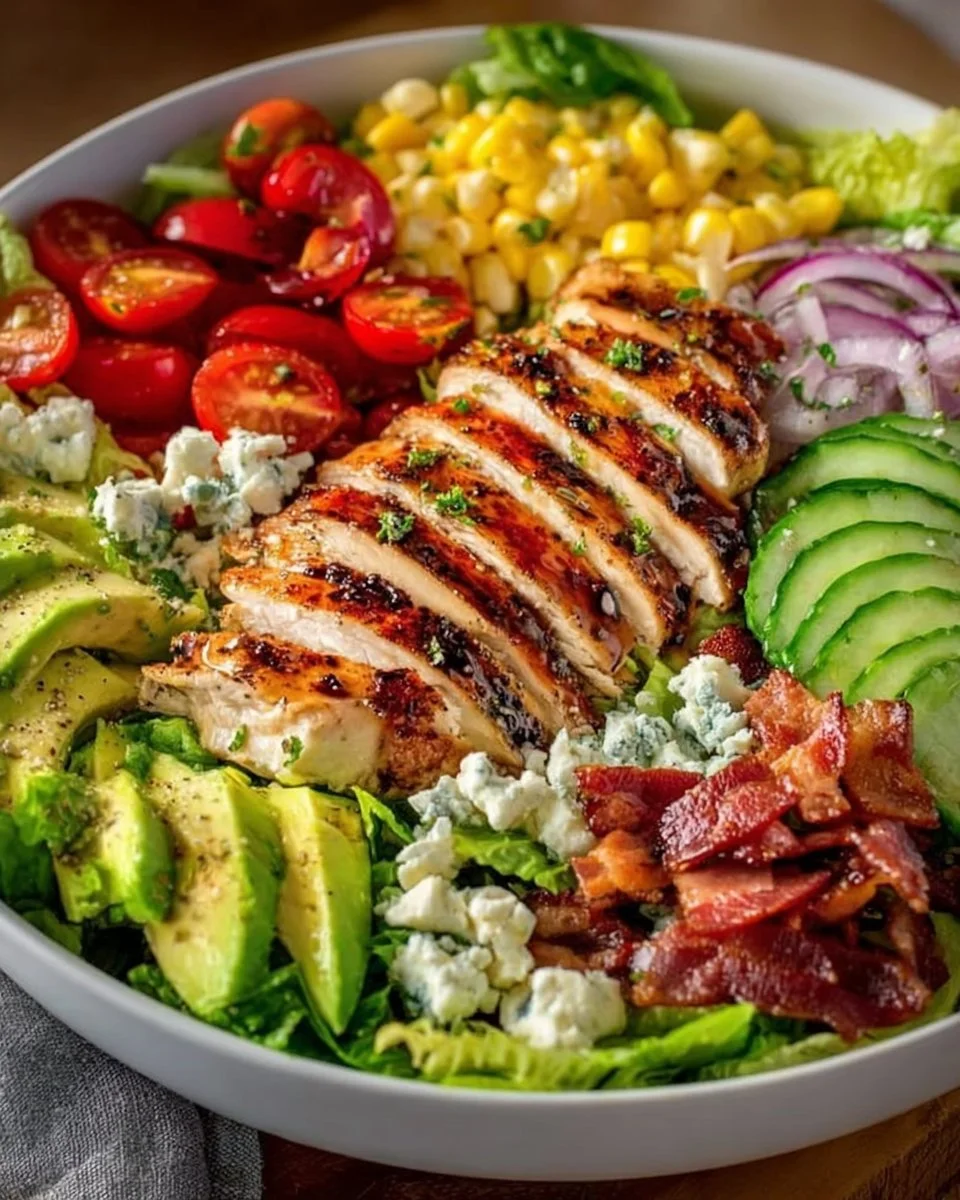 Delicious grilled chicken salad with fresh greens and vegetables