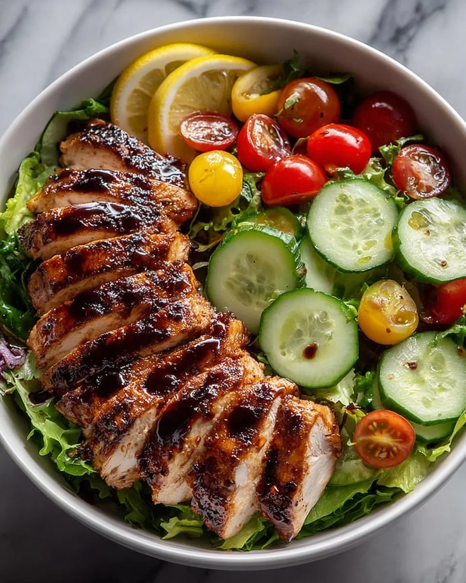 Delicious grilled chicken salad drizzled with balsamic glaze on a plate