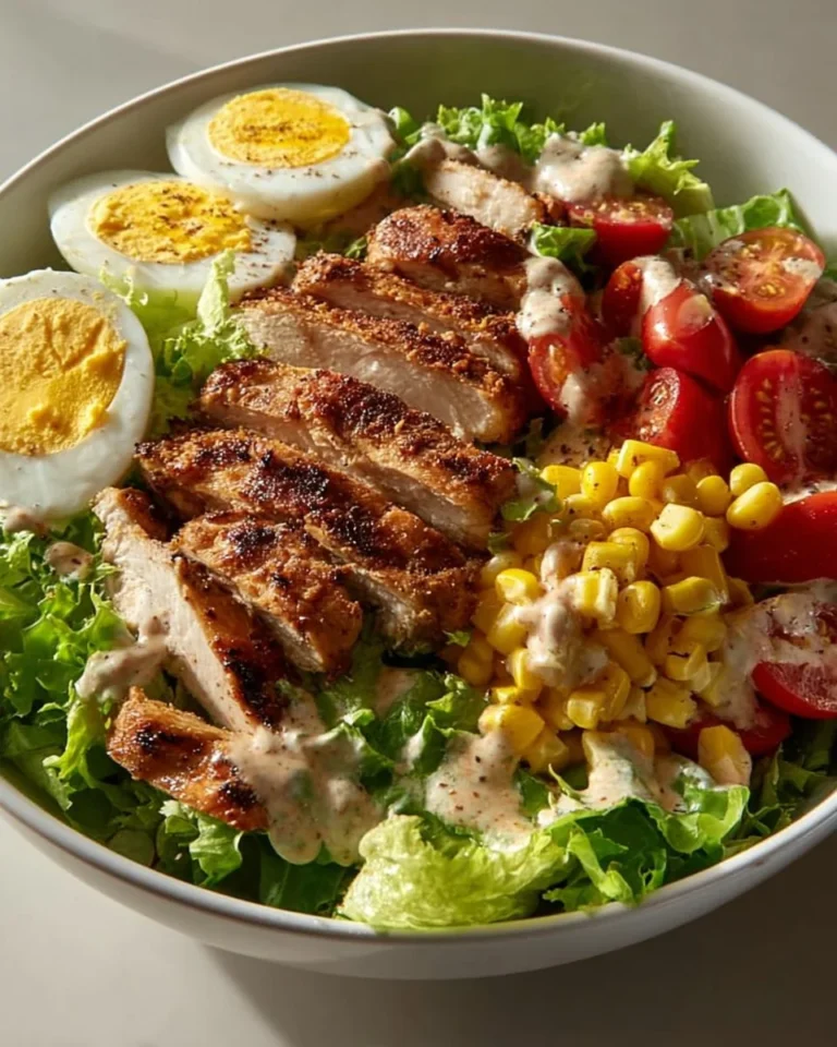 Grilled chicken salad topped with creamy dressing and fresh vegetables