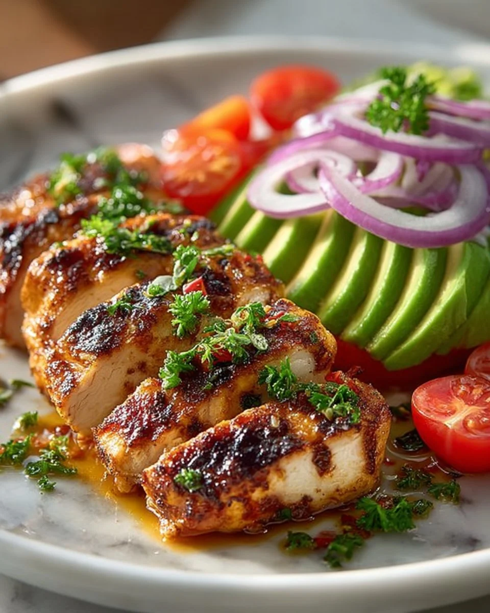 Grilled Chicken served with fresh Avocado and Tomato Salad