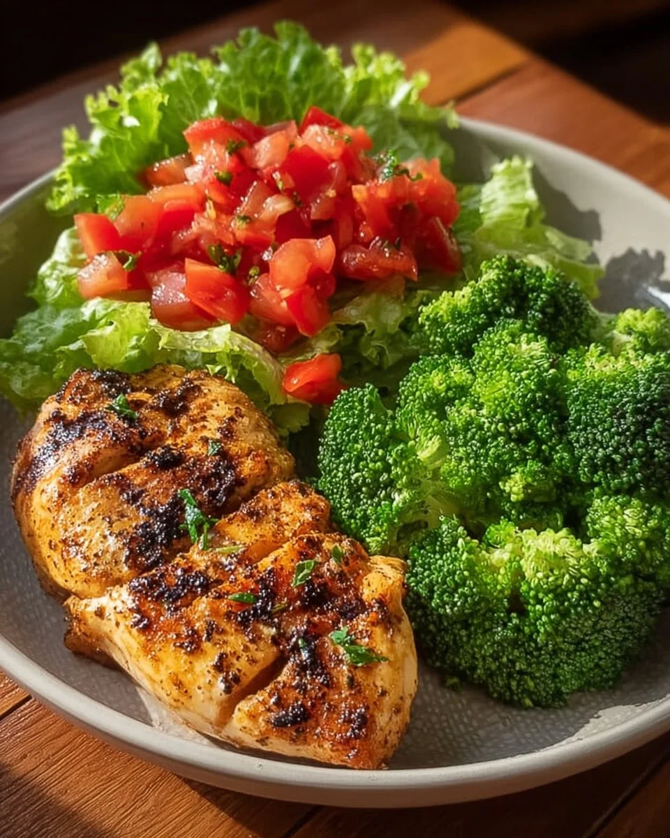 Grilled chicken served with broccoli and tomato salad on a plate.