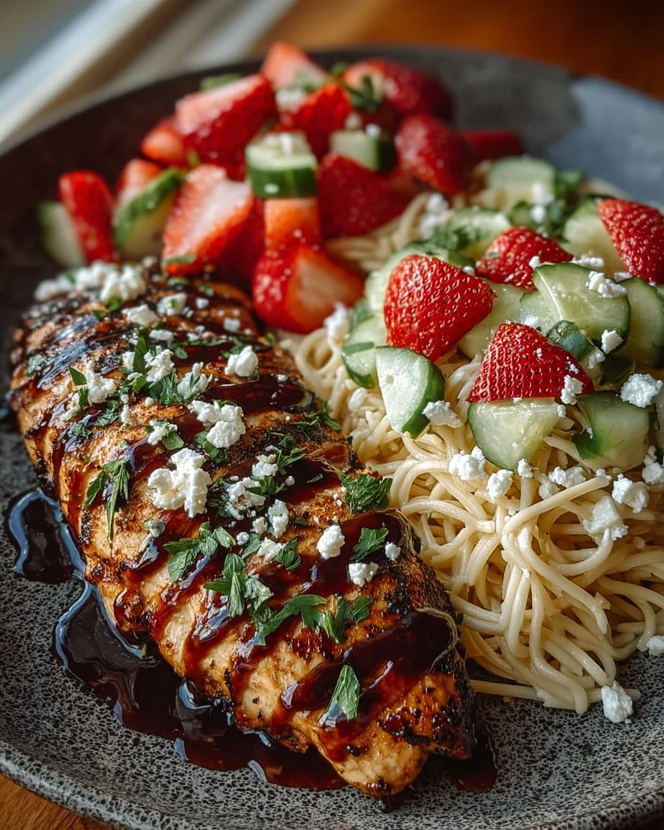 Grilled chicken with strawberry balsamic glaze on a bed of cotija cheese orzo salad