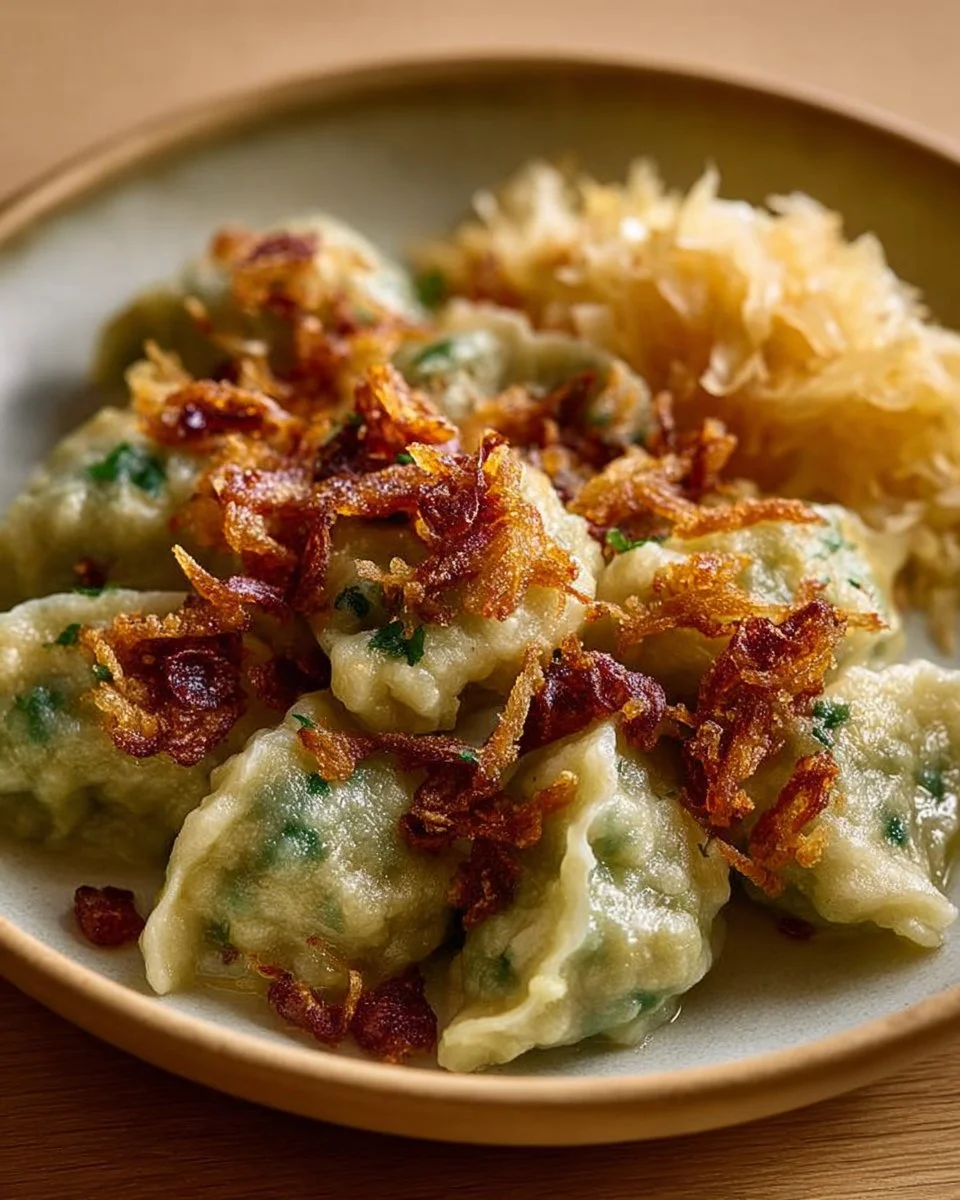 Kluski szare z okrasą i kiszoną kapustą na talerzu