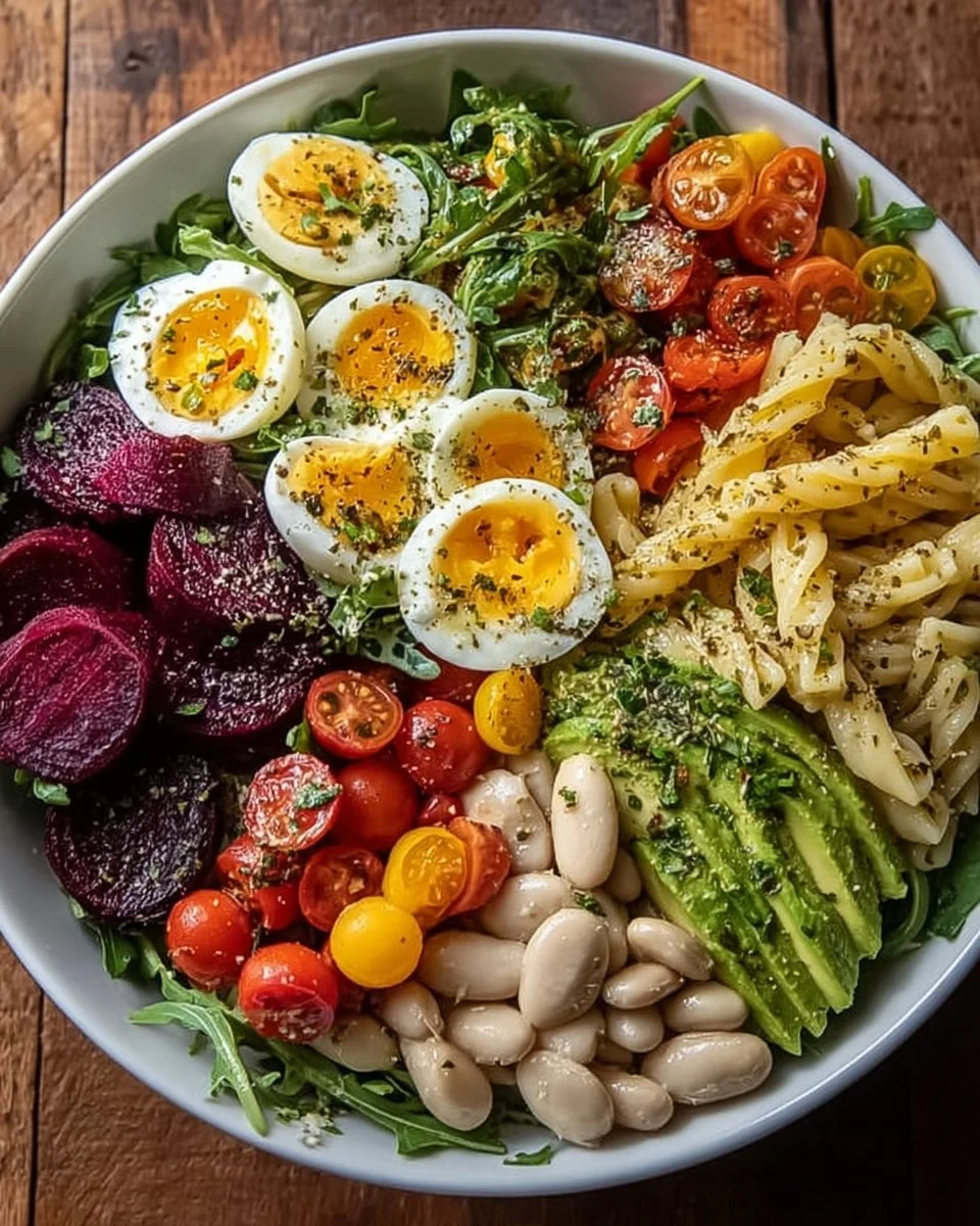 Bowl of Mediterranean Power Salad with fresh vegetables and healthy toppings