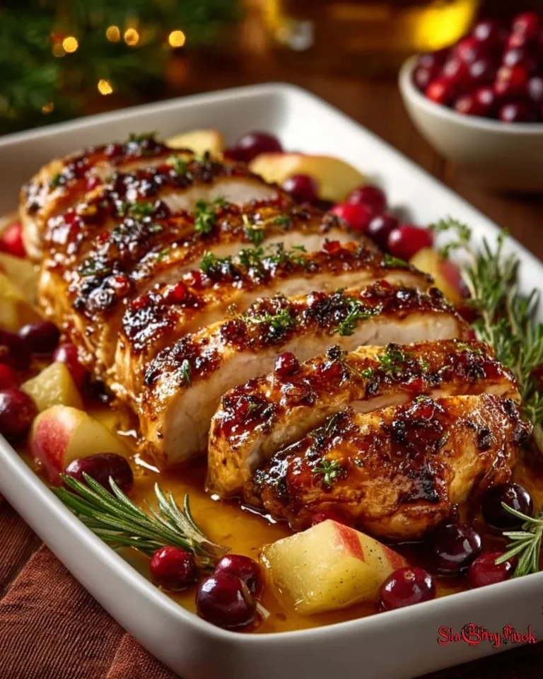 Pieczona pierś z indyka z żurawiną i jabłkami na talerzu