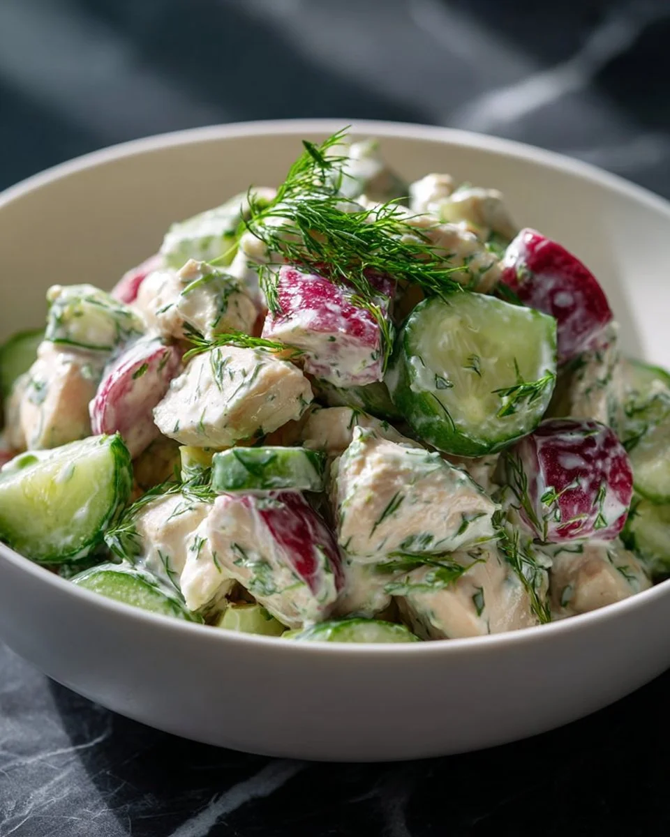 Quick and healthy creamy chicken dill salad with fresh ingredients