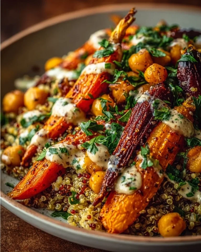 Quinoa salad with chickpeas and roasted carrots topped with lemon tahini sauce