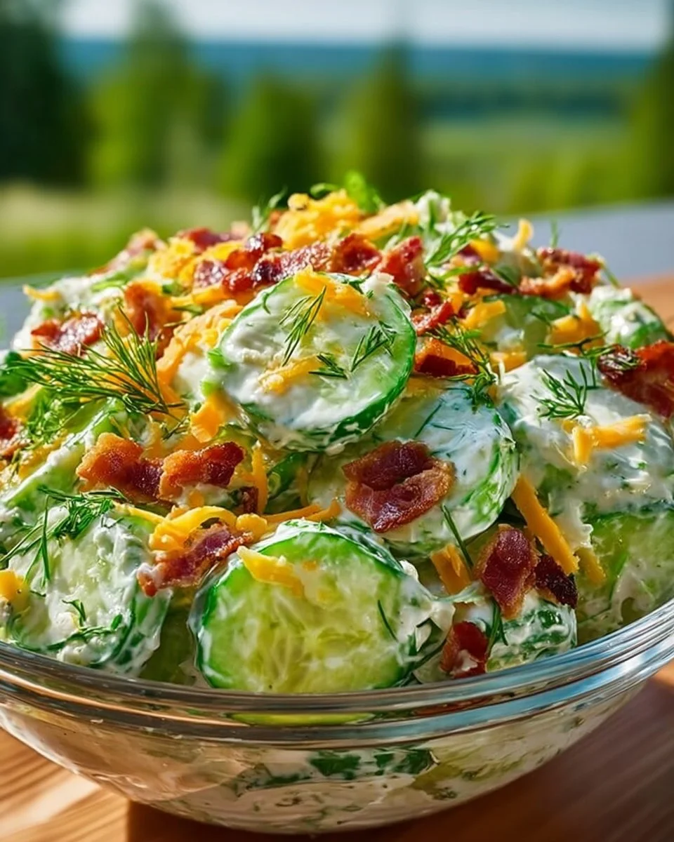 Bowl of refreshing Ranch Cucumber Salad with fresh herbs and creamy dressing