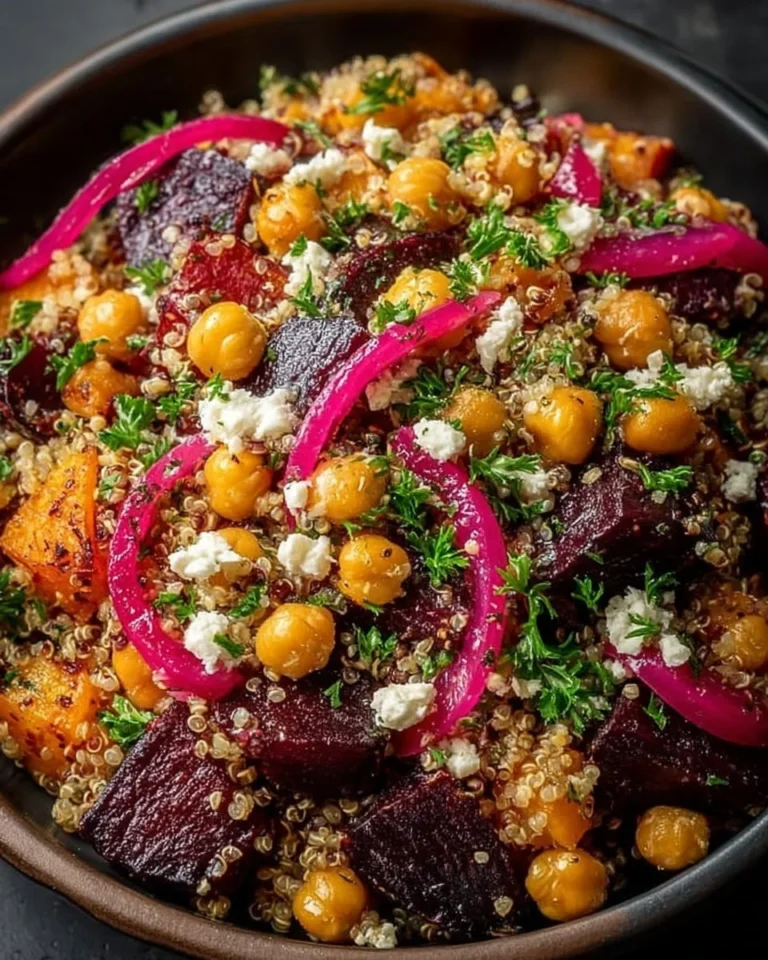 Roasted Beet, Chickpea, and Quinoa Salad with Honey Dressing in a bowl