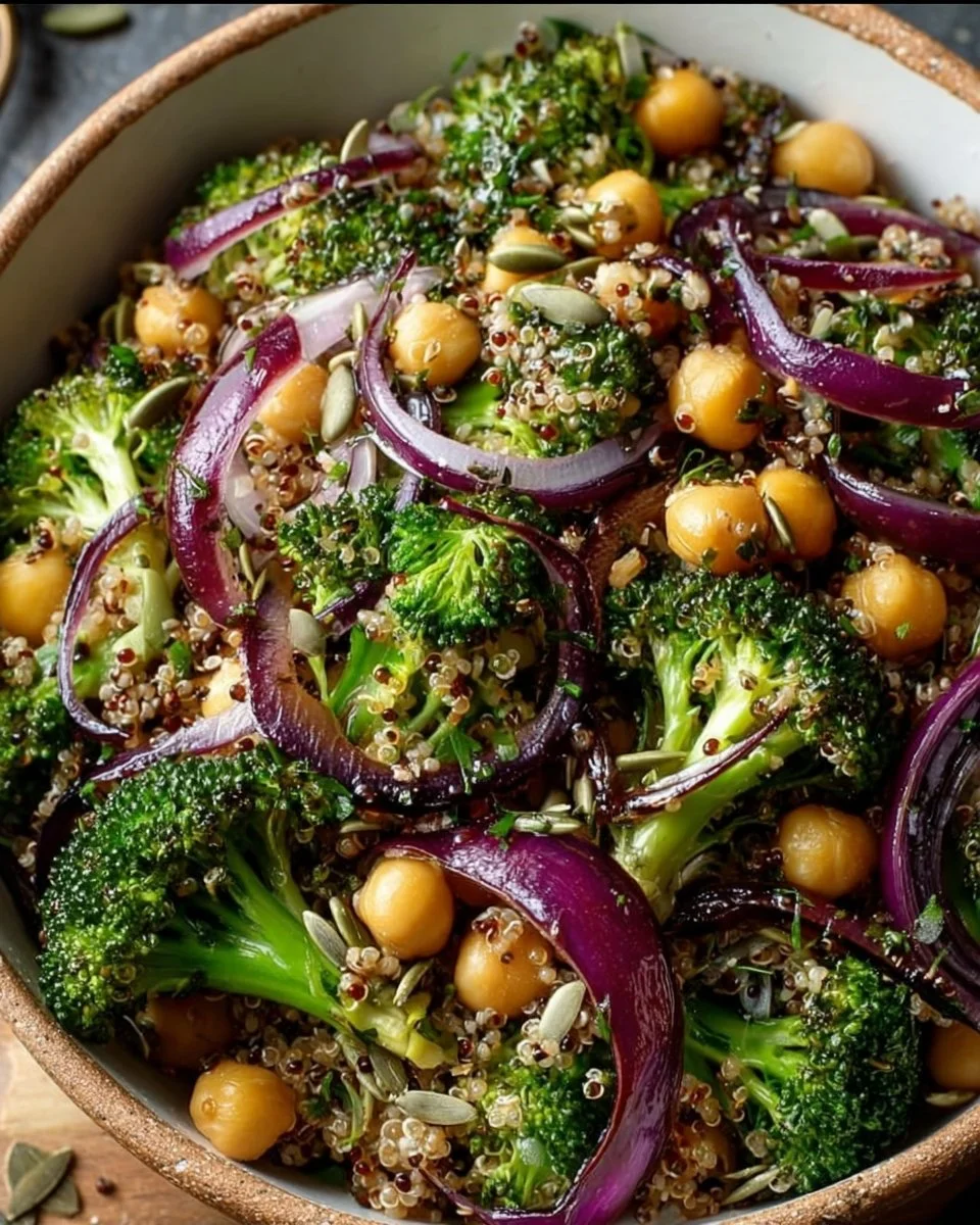 Roasted broccoli, chickpeas, and quinoa salad with garlic herb vinaigrette