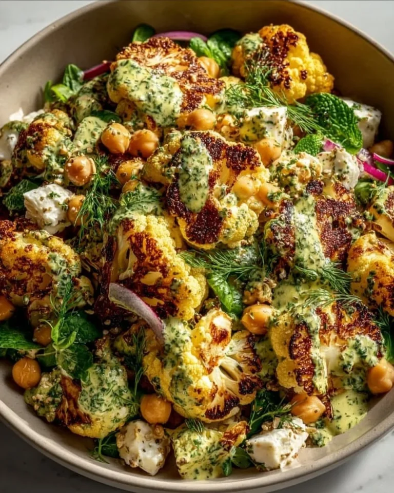 Roasted cauliflower salad with chickpeas, feta, and herb dressing
