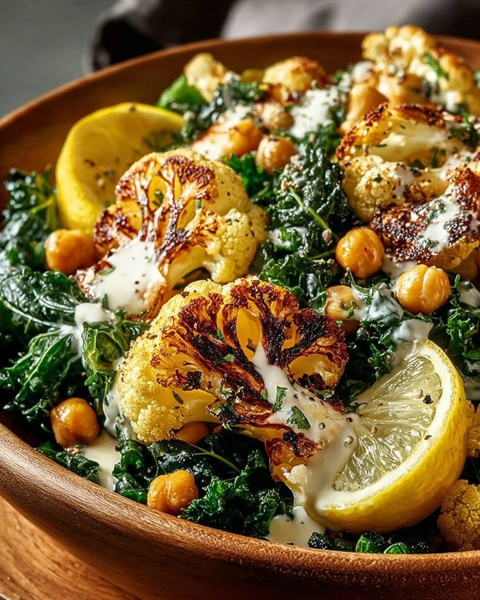 Roasted cauliflower salad with chickpeas, kale, and lemon garlic sauce