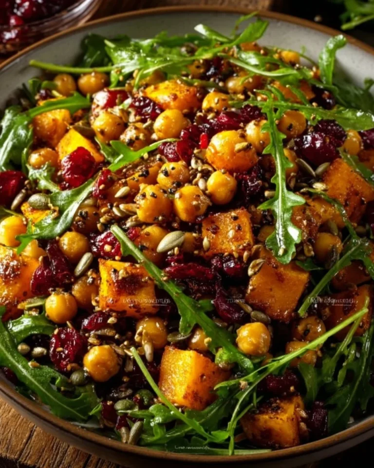Roasted pumpkin chickpea salad with arugula and maple vinaigrette