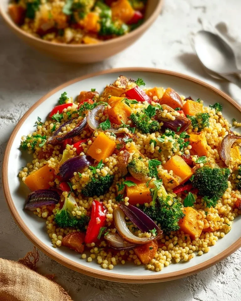 Roasted pumpkin couscous salad garnished with fresh herbs and spices