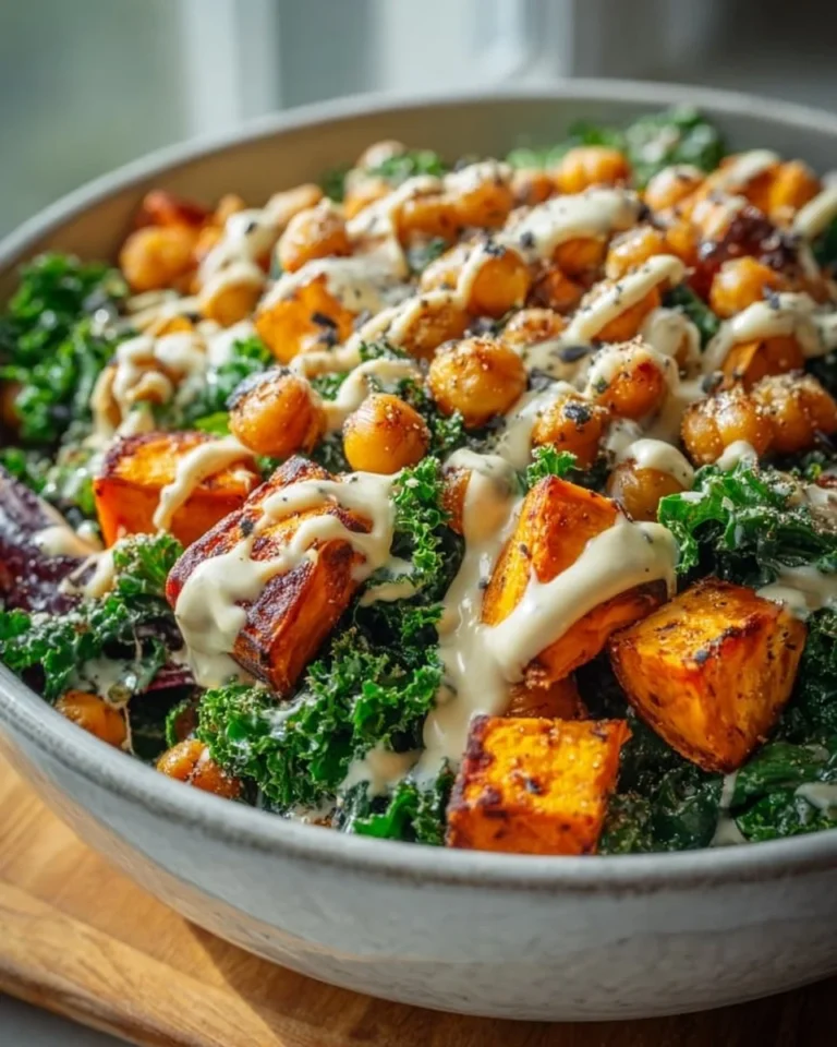 Roasted sweet potato salad with chickpeas, kale, and tahini drizzle