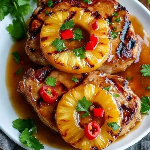 Schab w stylu hawajskim z ananasem na talerzu