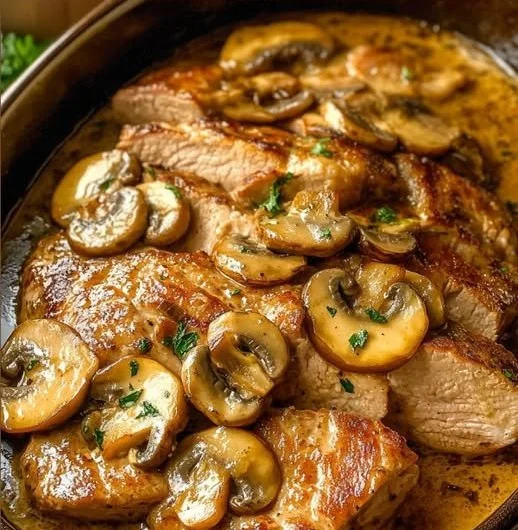 Schab Zapiekany z Pieczarkami w Kremowym Sosie