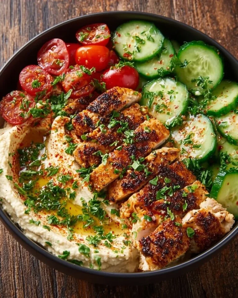 Spicy garlic chicken bowl served with hummus and cucumber salad