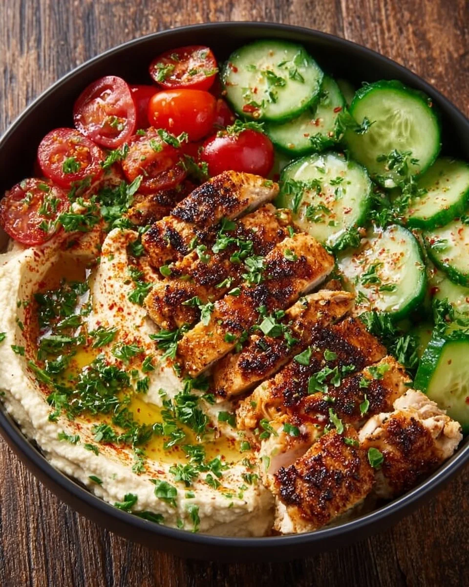 Spicy garlic chicken bowl served with hummus and cucumber salad