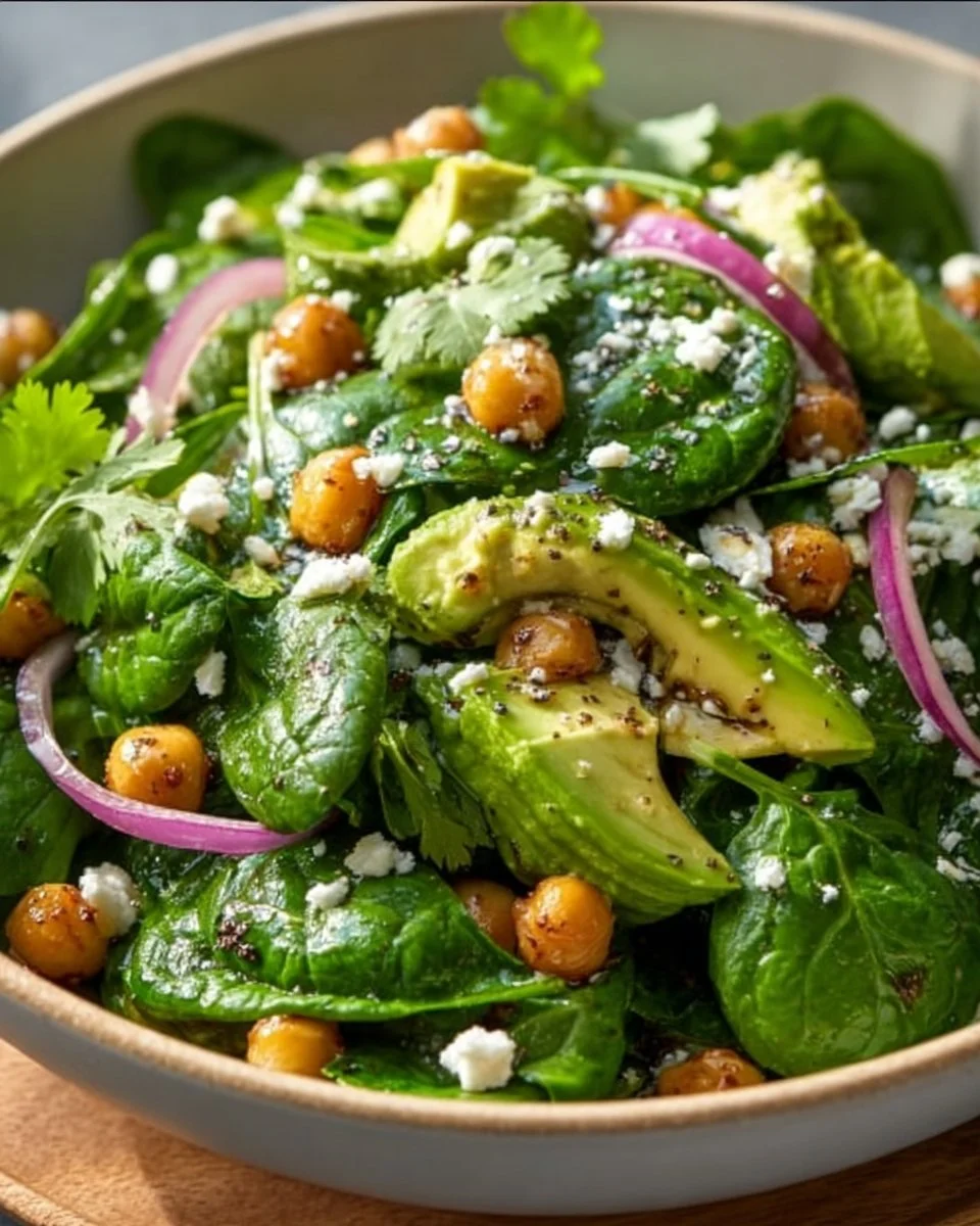 Spinach salad with chickpeas, avocado, and garlic lime vinaigrette