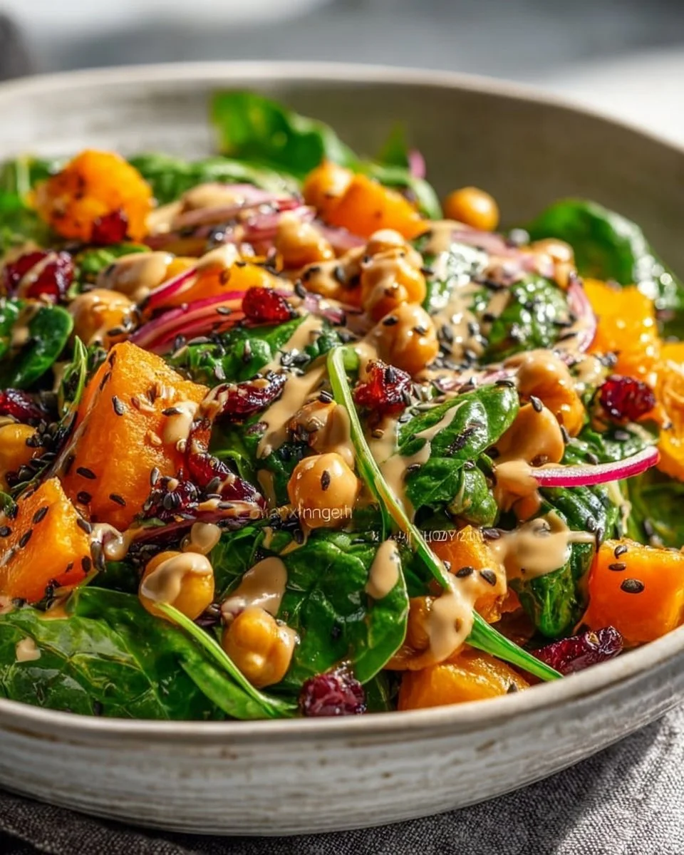 Spinach salad with chickpeas, butternut squash, and maple dressing in a bowl.