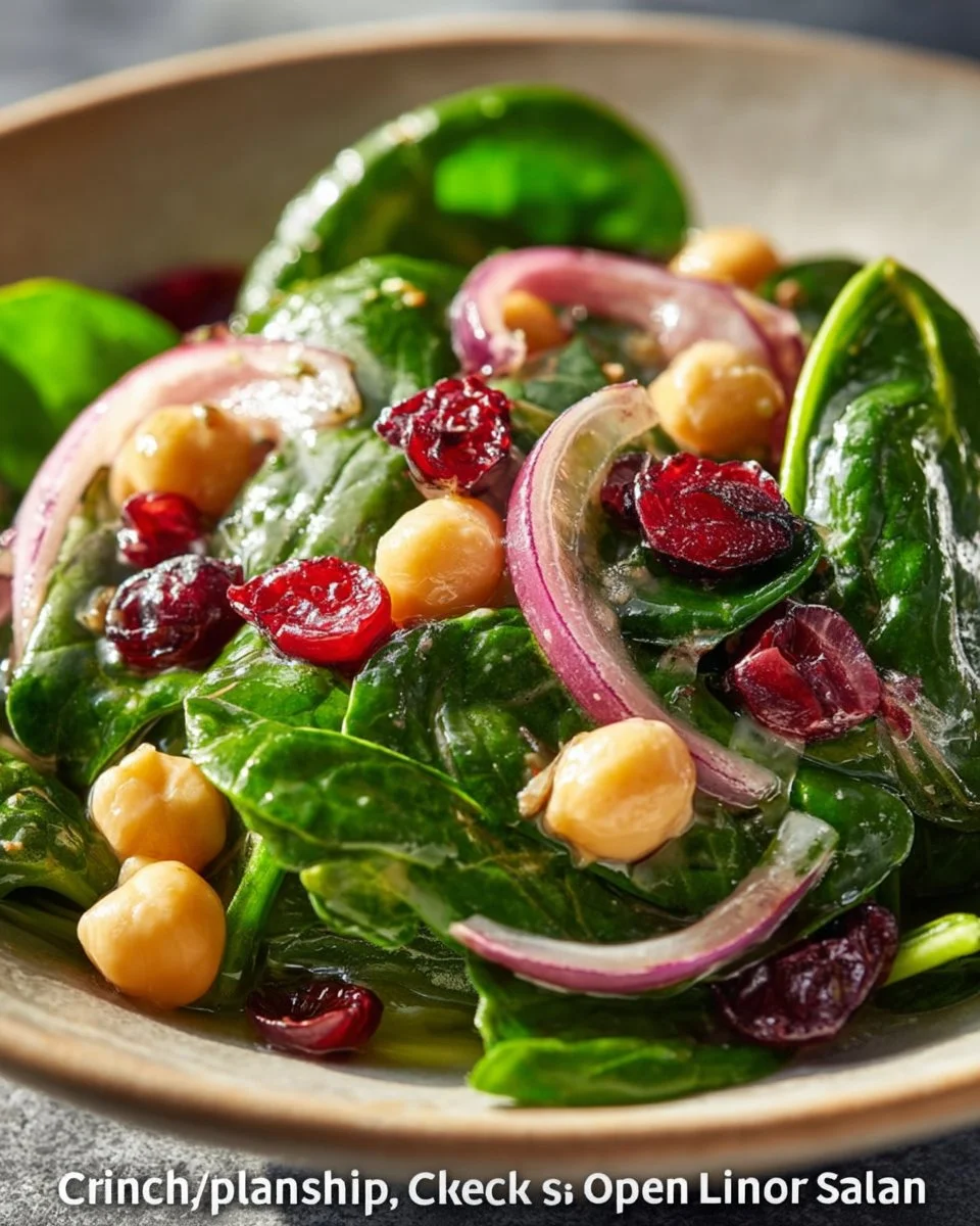 A vibrant spinach salad with chickpeas, cranberries, and lemon olive oil dressing.