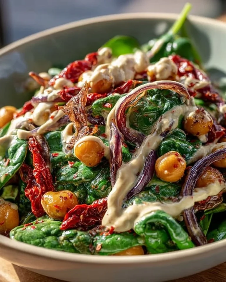 Spinach Chickpea Salad with roasted garlic and tahini drizzle in a bowl