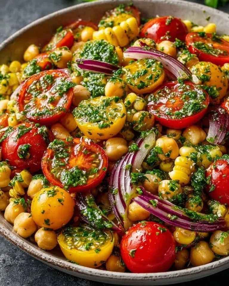 Fresh corn salad with chickpeas and tomatoes dressed in basil dressing
