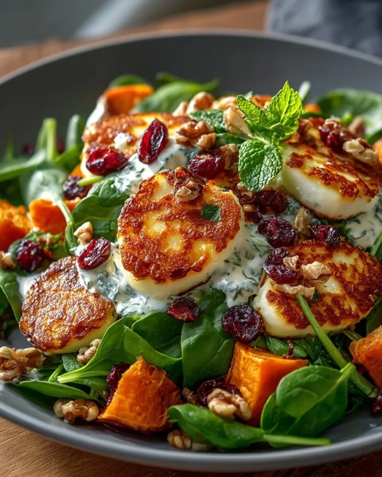 Sweet Potato Salad with Halloumi, Cranberries, and Mint Yogurt Dressing