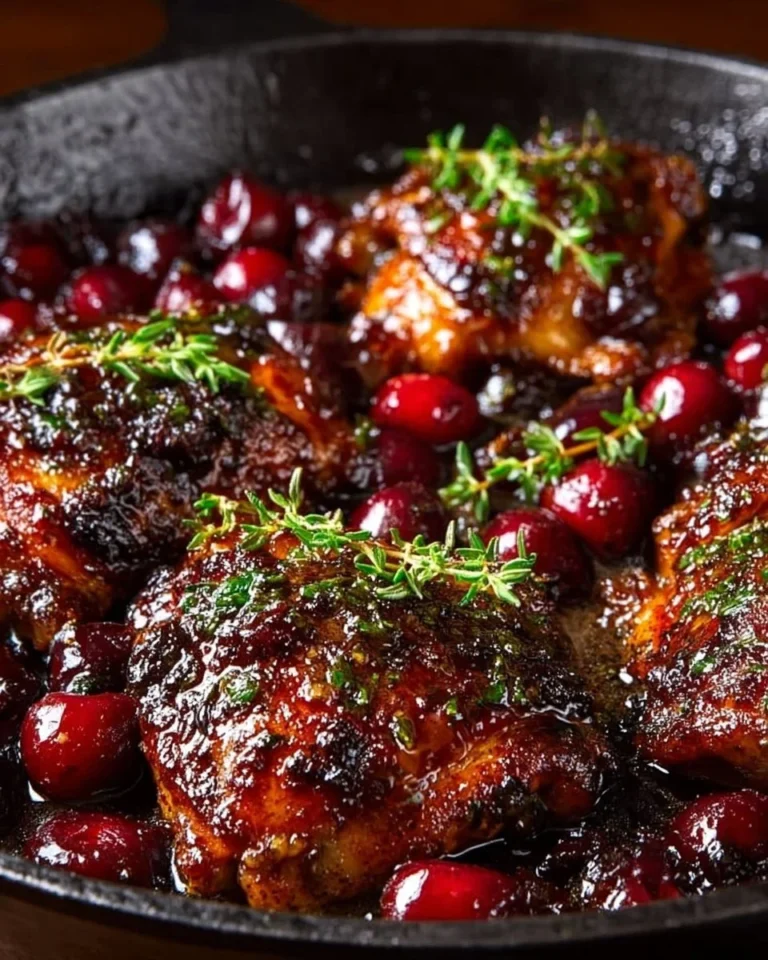Sweet and savory sticky cherry chicken thighs garnished with fresh herbs