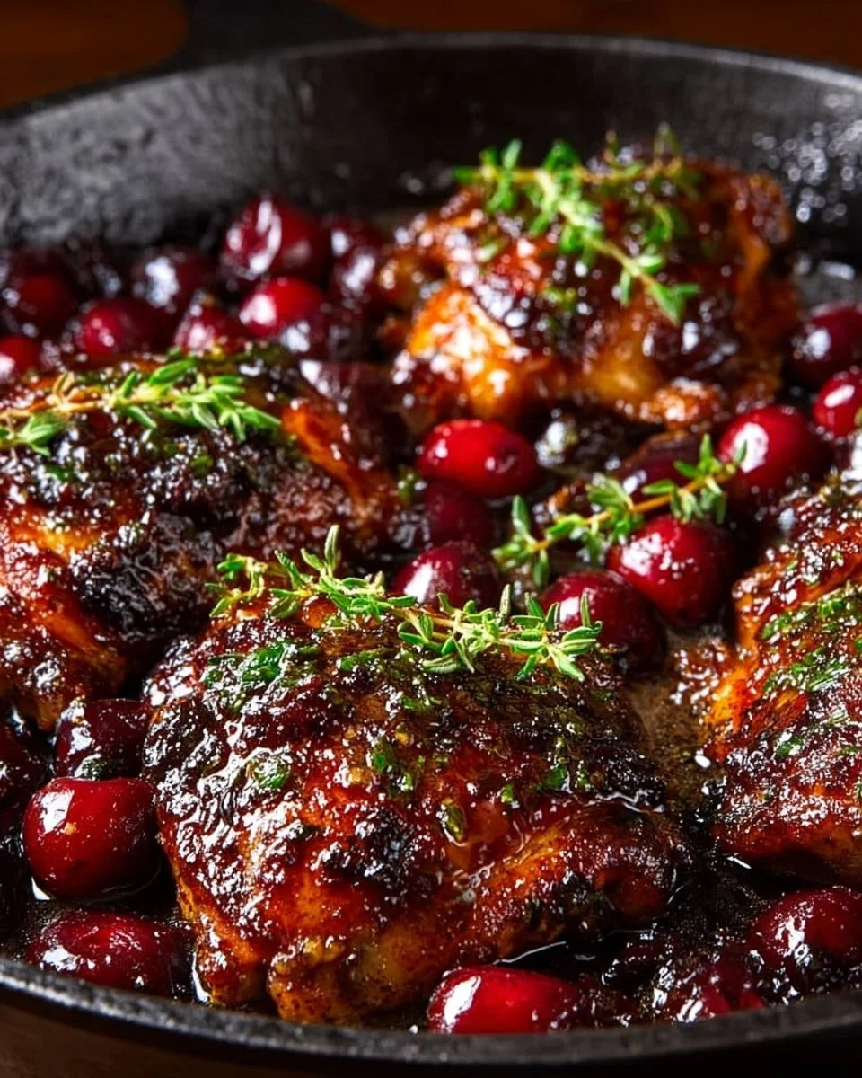 Sweet and savory sticky cherry chicken thighs garnished with fresh herbs