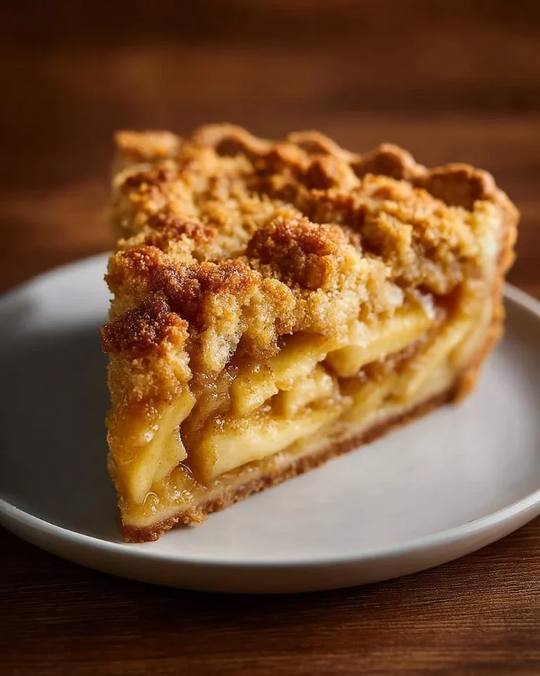 Szarlotka z kruszonką podana na talerzu, udekorowana kawałkami jabłek.