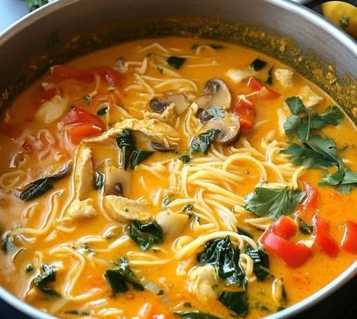 Tajska zupa kokosowa z kurczakiem i makaronem