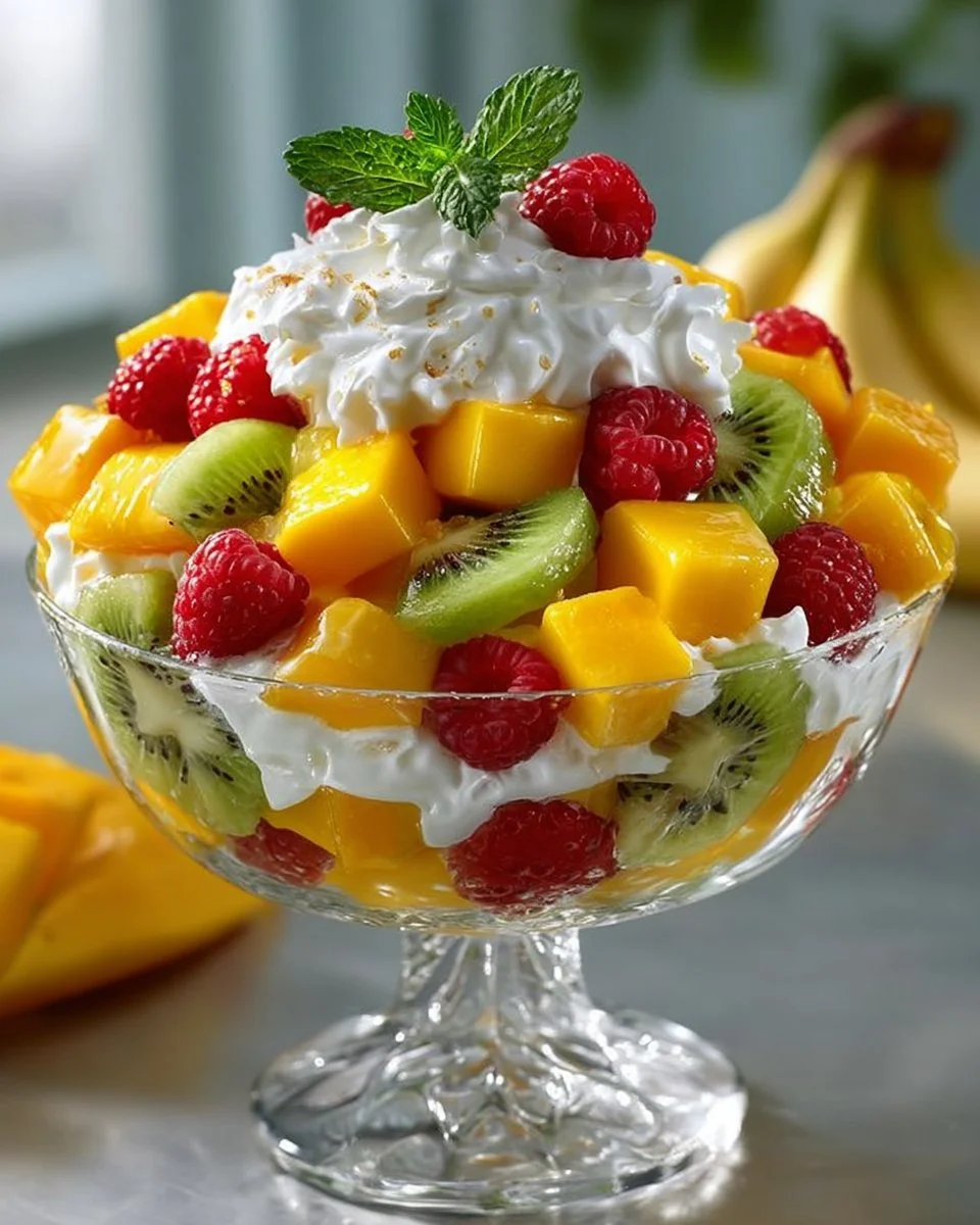 Tropical kiwi mango salad with vibrant fruits served in a bowl.