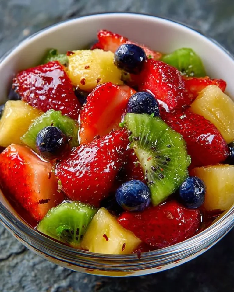 Colorful Tropical Rainbow Fruit Salad filled with fresh tropical fruits