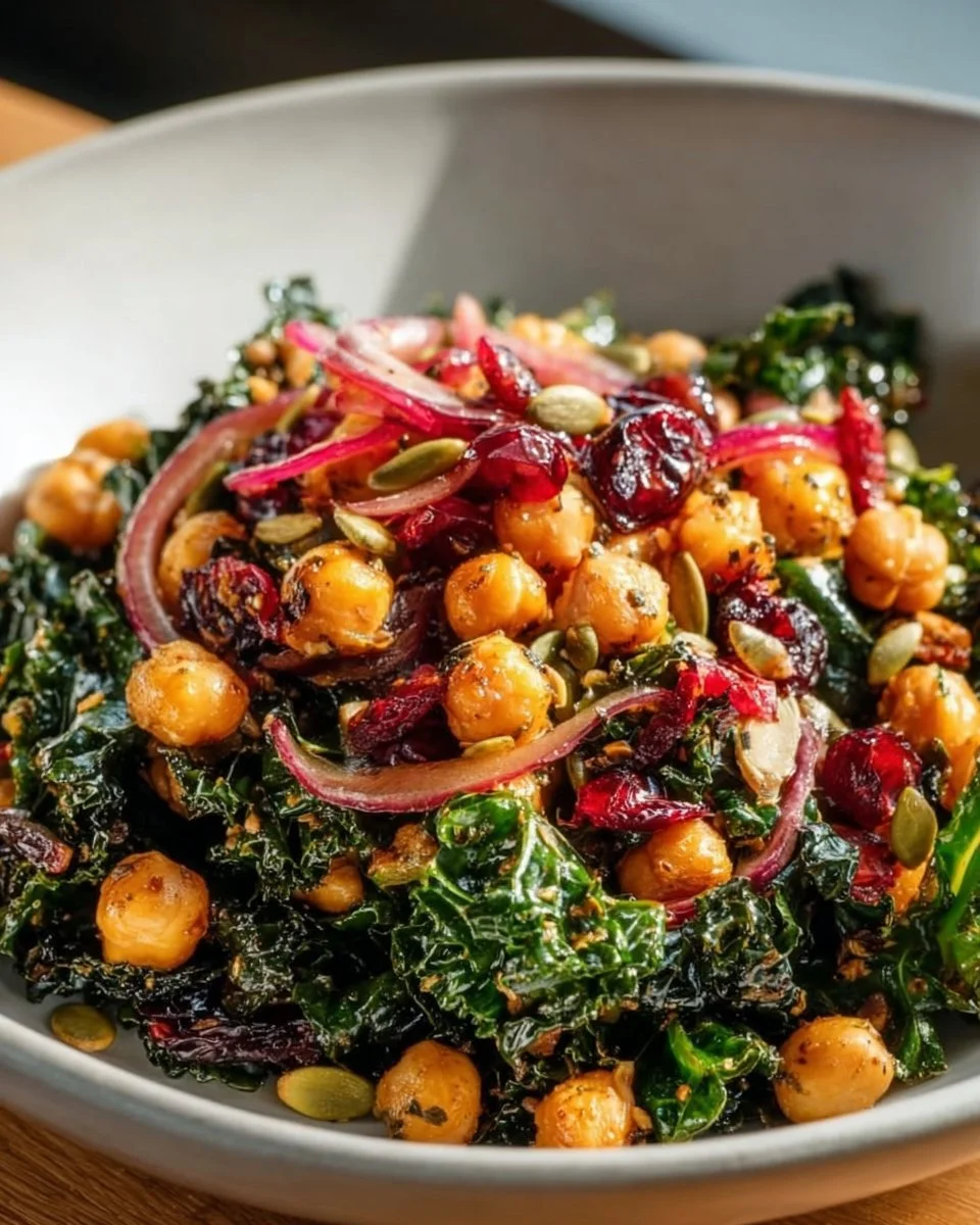 Warm chickpea and kale salad with honey mustard vinaigrette in a bowl.