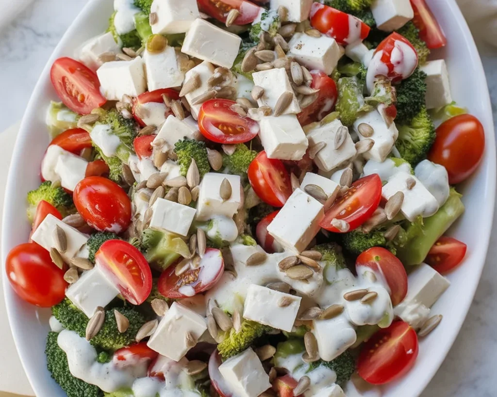 Sałatka brokułowa z fetą, pomidorkami i pestkami słonecznika – prosta przyjemność!