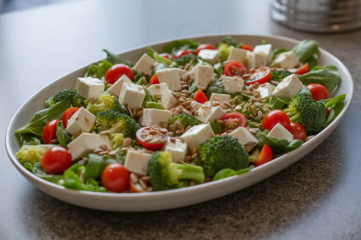 Sałatka brokułowa z fetą, pomidorkami i pestkami słonecznika